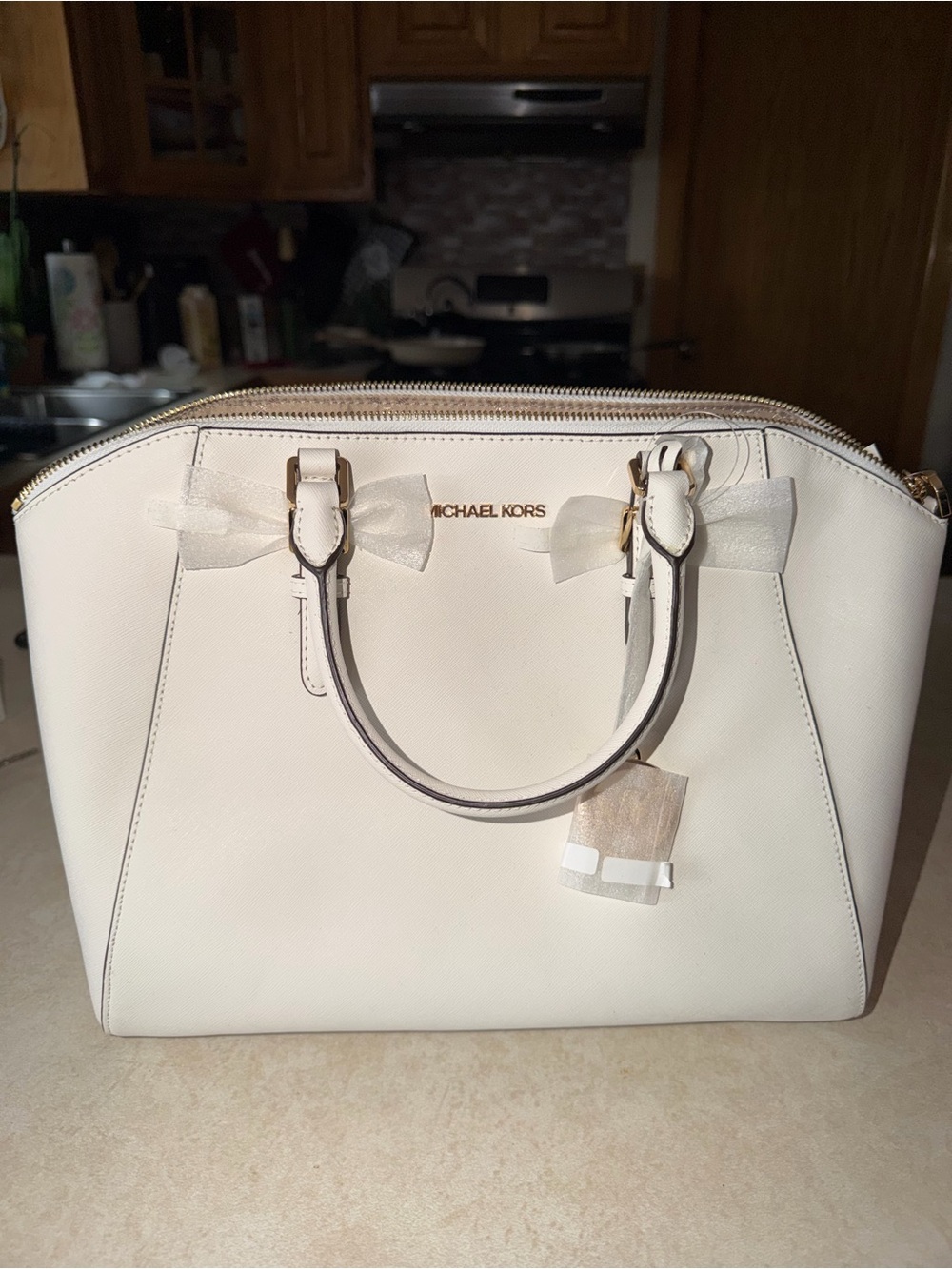 Michael Kors Cream Saffiano Dome Satchel with Bow Accents